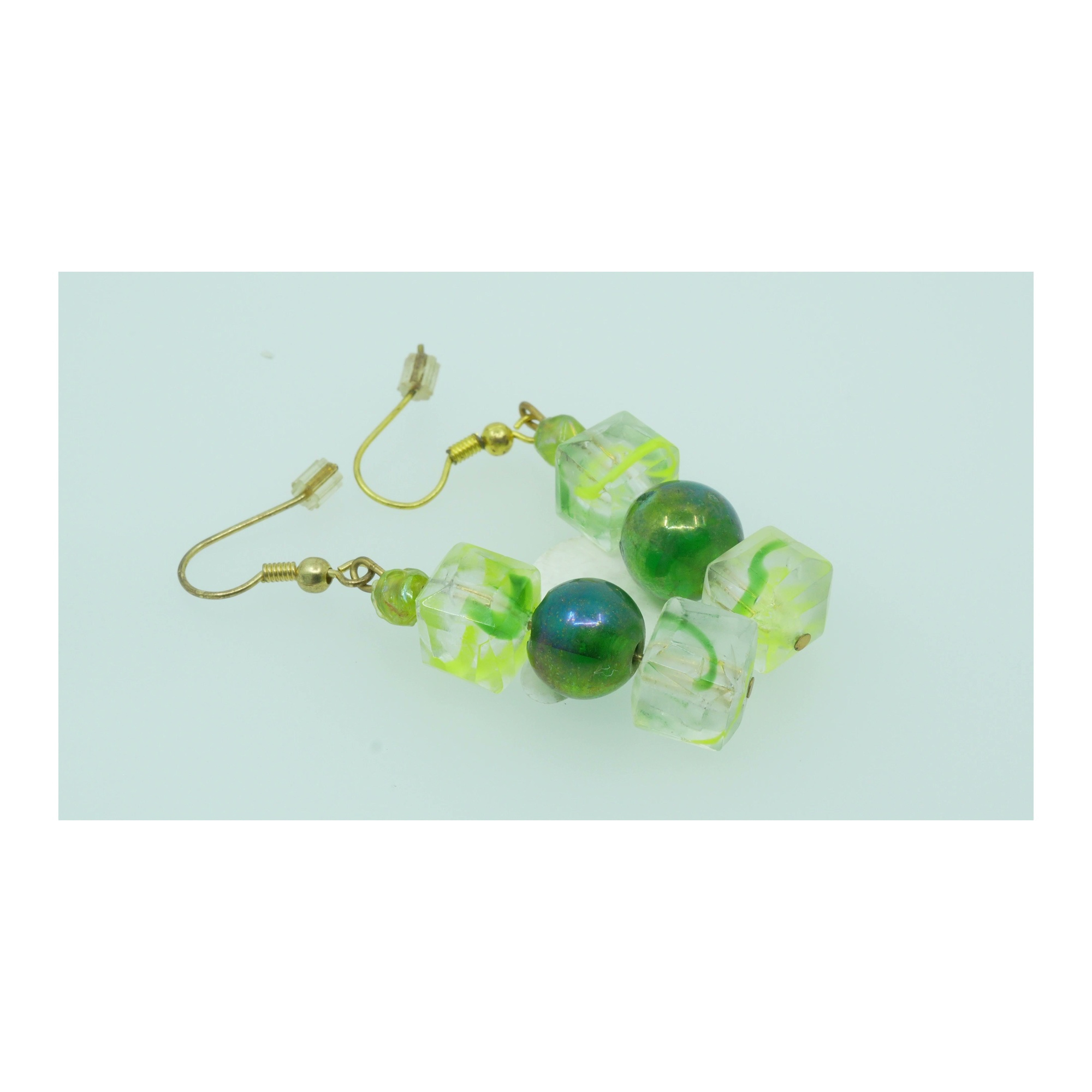 Retro Unsigned Gold Tone Neon Swirl & Iridescent Bead Dangle Earrings