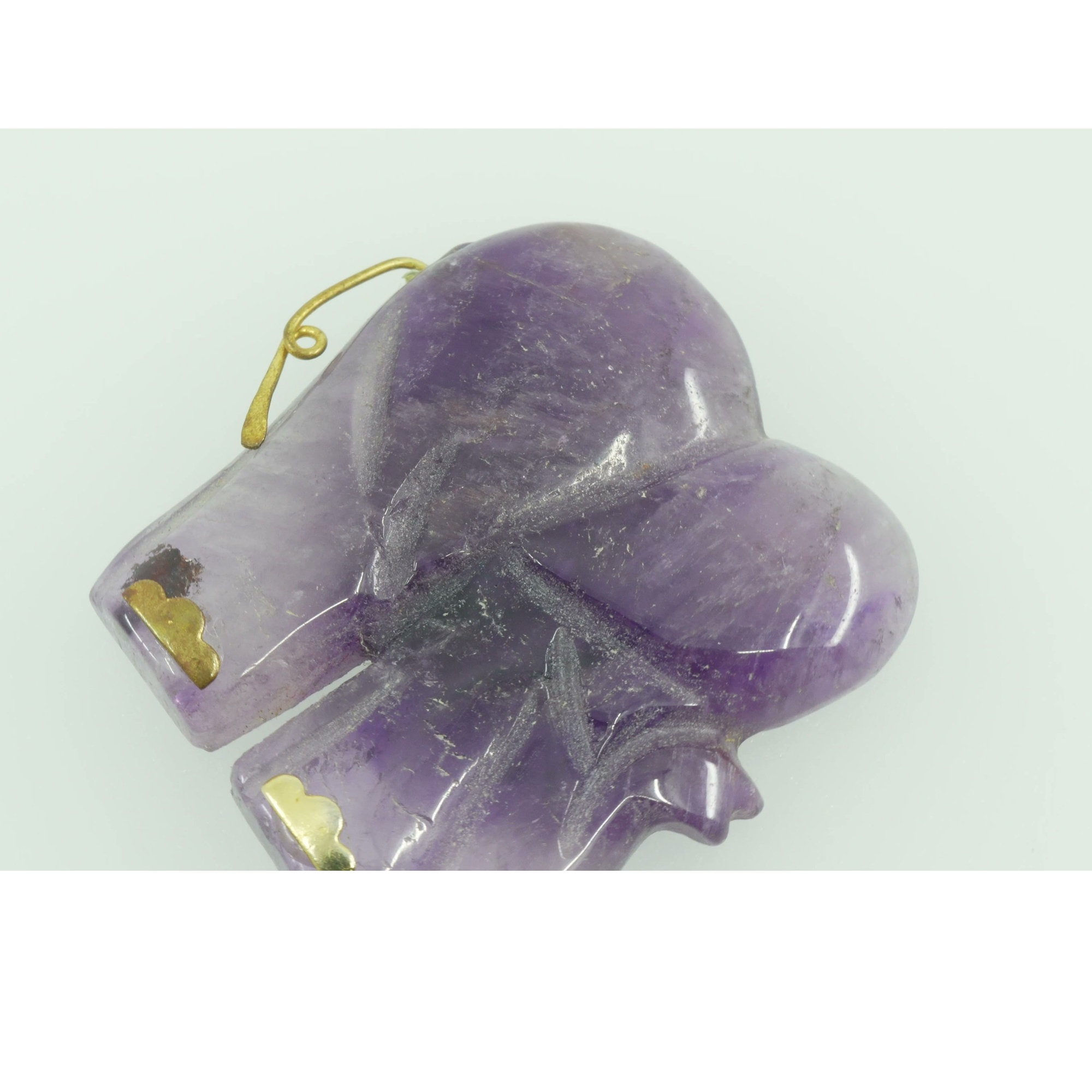 Carved Amethyst Elephant Pendant Gold-Tone Metal Unmarked Figurine